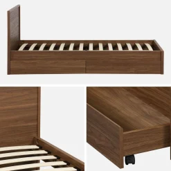 Letto con rete a doghe e testiera 90cm + 2 cassetti decorazione legno