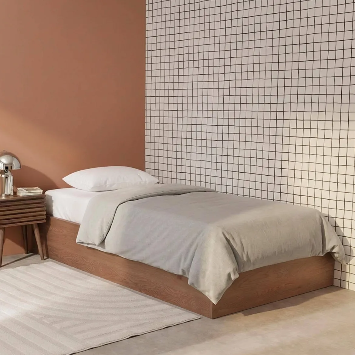Letto contenitore con rete a doghe 90x190cm decorazione legno