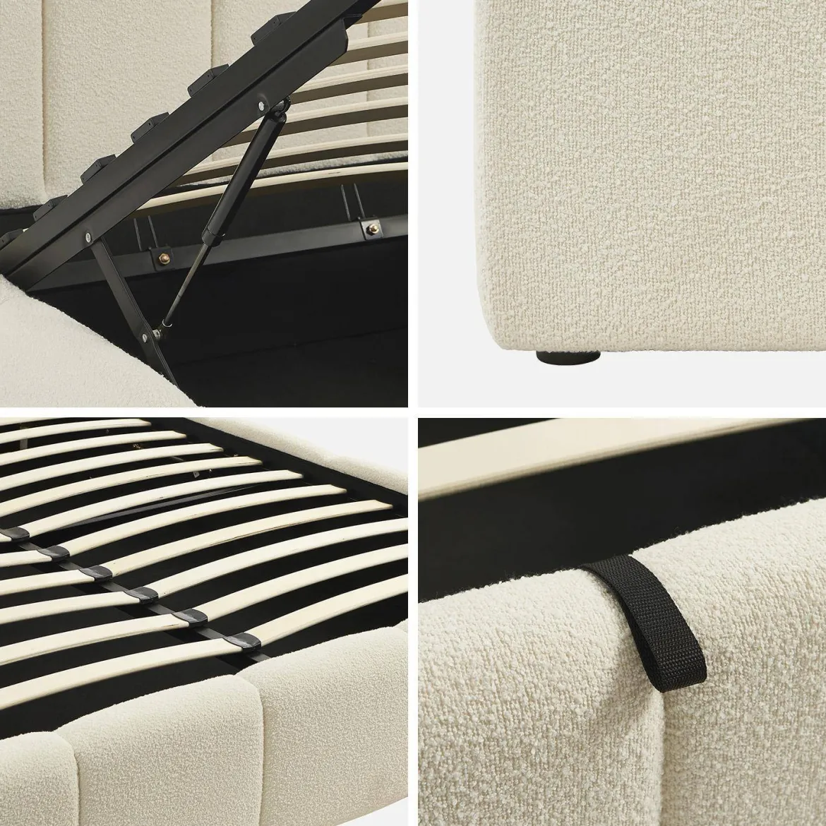 Letto contenitore con rete a doghe e testiera 160x200cm, bouclé