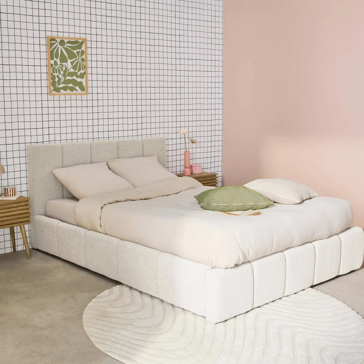 Letto contenitore con rete a doghe e testiera 160x200cm, bouclé