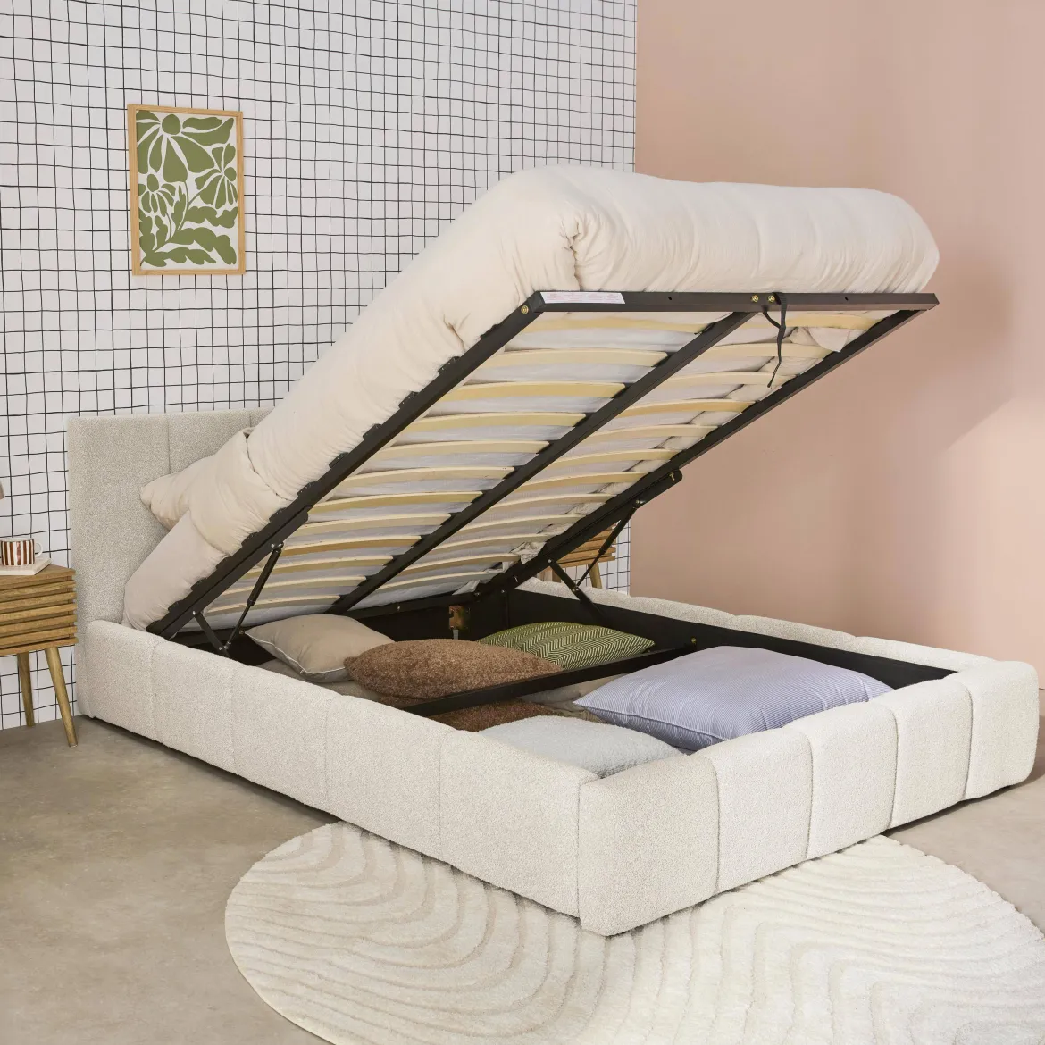 Letto contenitore con rete a doghe e testiera 160x200cm, bouclé