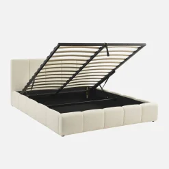 Letto contenitore con rete a doghe e testiera 160x200cm, bouclé