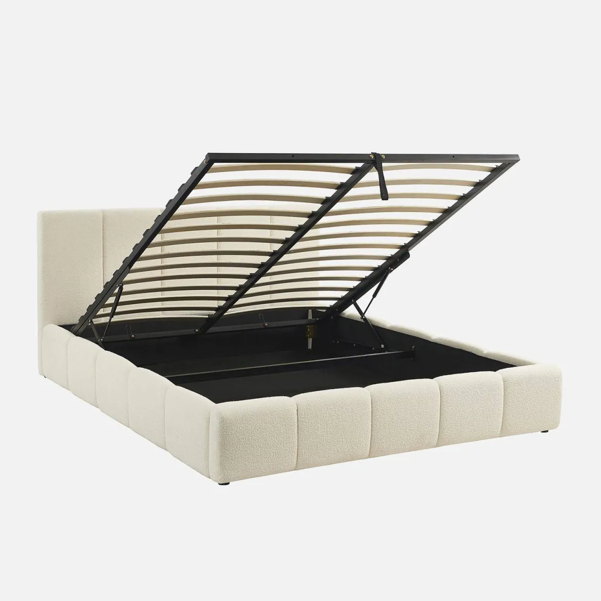 Letto contenitore con rete a doghe e testiera 160x200cm, bouclé