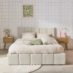 Letto contenitore con rete a doghe e testiera 160x200cm, bouclé