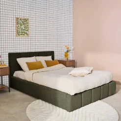 Letto contenitore con rete a doghe e testiera 160x200cm, bouclé