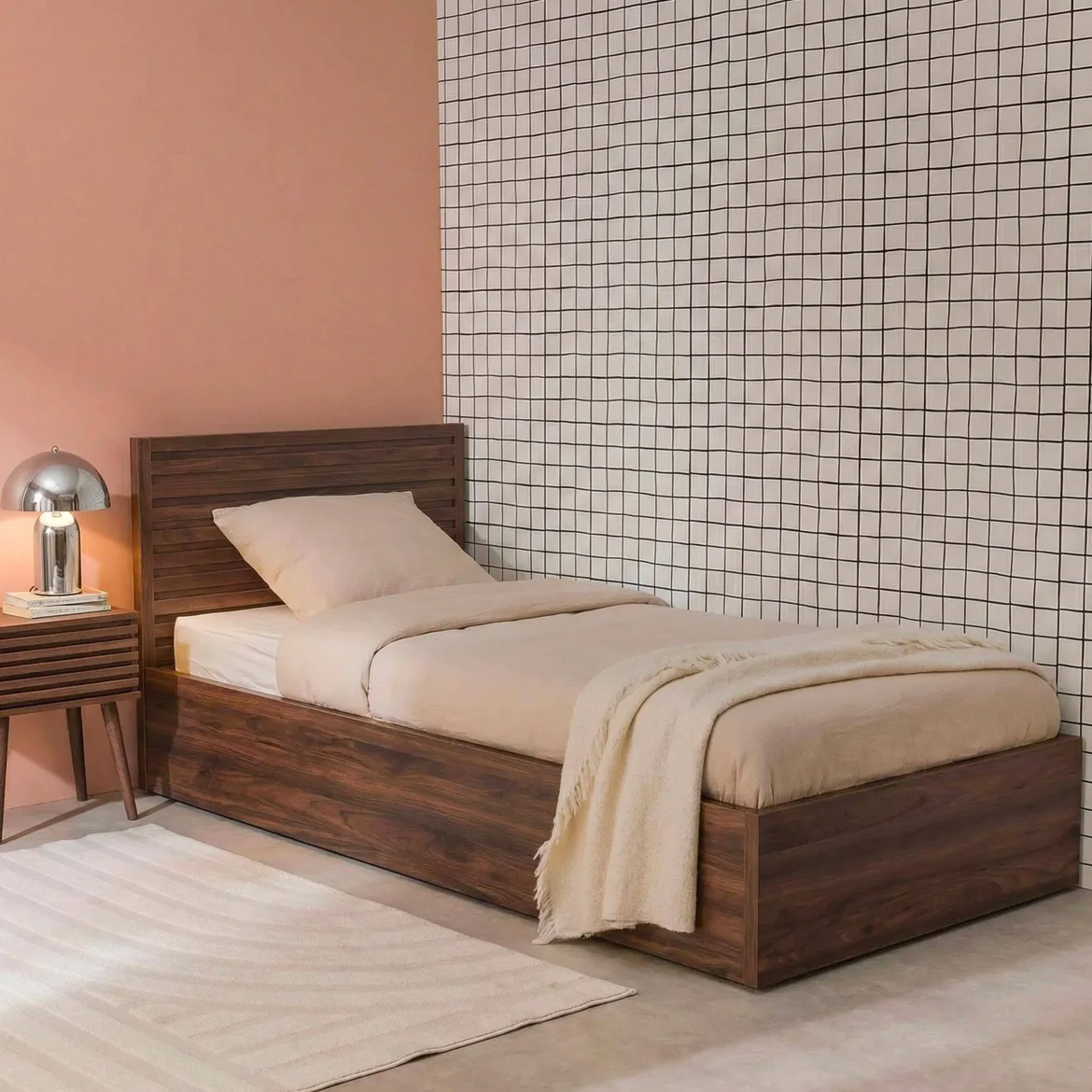 Letto contenitore con rete a doghe e testiera 90x190cm decorazione legno
