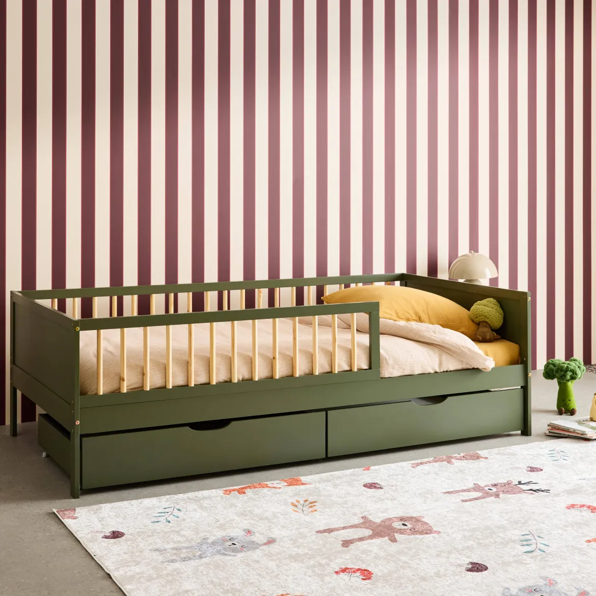 Letto nido per bambini 190cm in pino naturale con rete a doghe e cassetti,