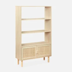 Libreria con canna ed effetto legno, 3 livelli, 2 ante