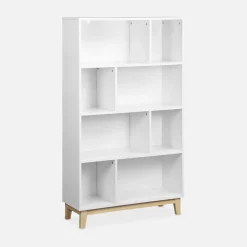 Libreria effetto legno con gambe in legno e 4 ripiani