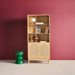 Libreria in legno e cannucciato con 2 ante a 4 livelli