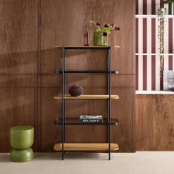 Libreria in vetro, legno e metallo a 5 livelli