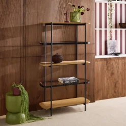 Libreria in vetro, legno e metallo a 5 livelli