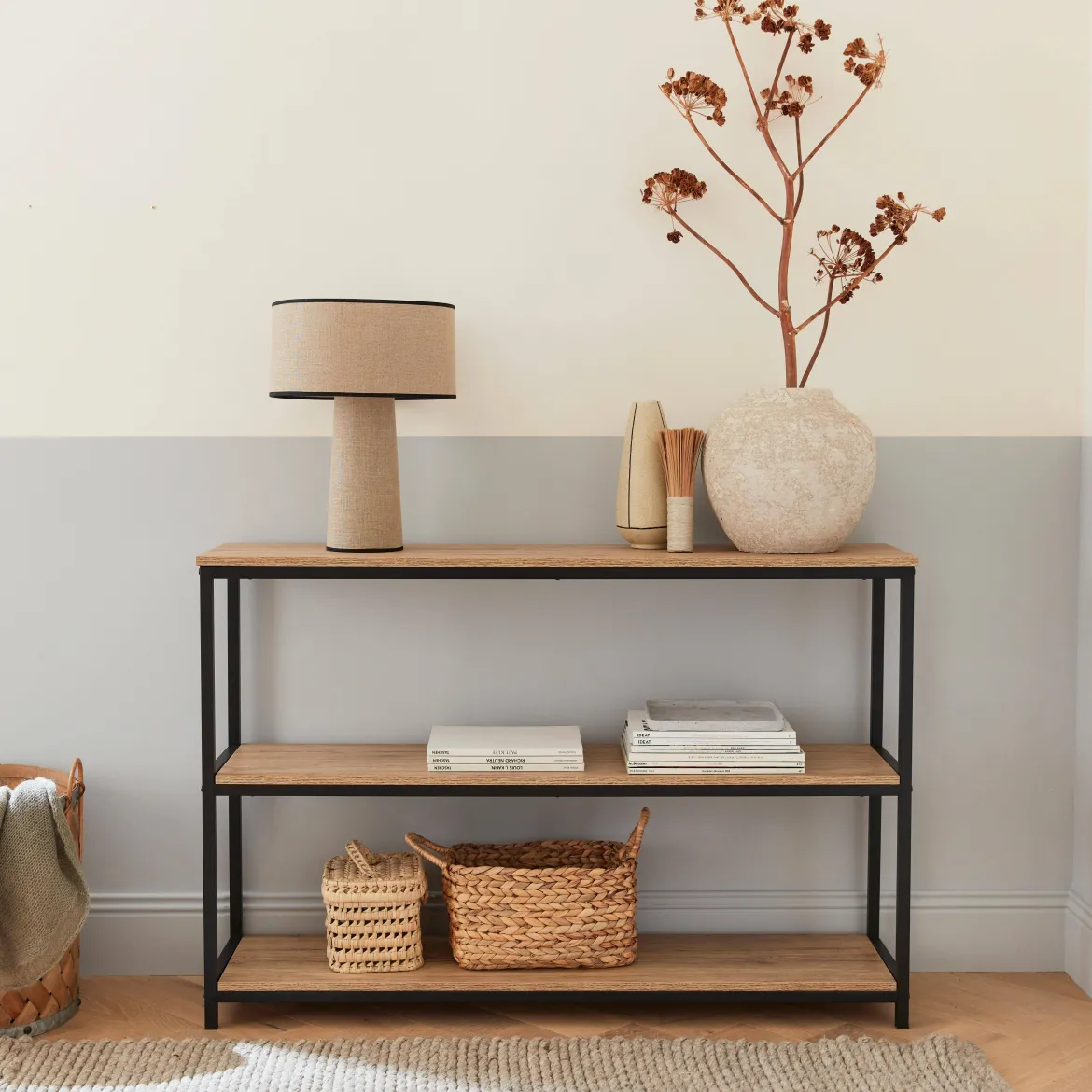 Libreria industriale in metallo e effetto legno, 3 livelli, 120cm