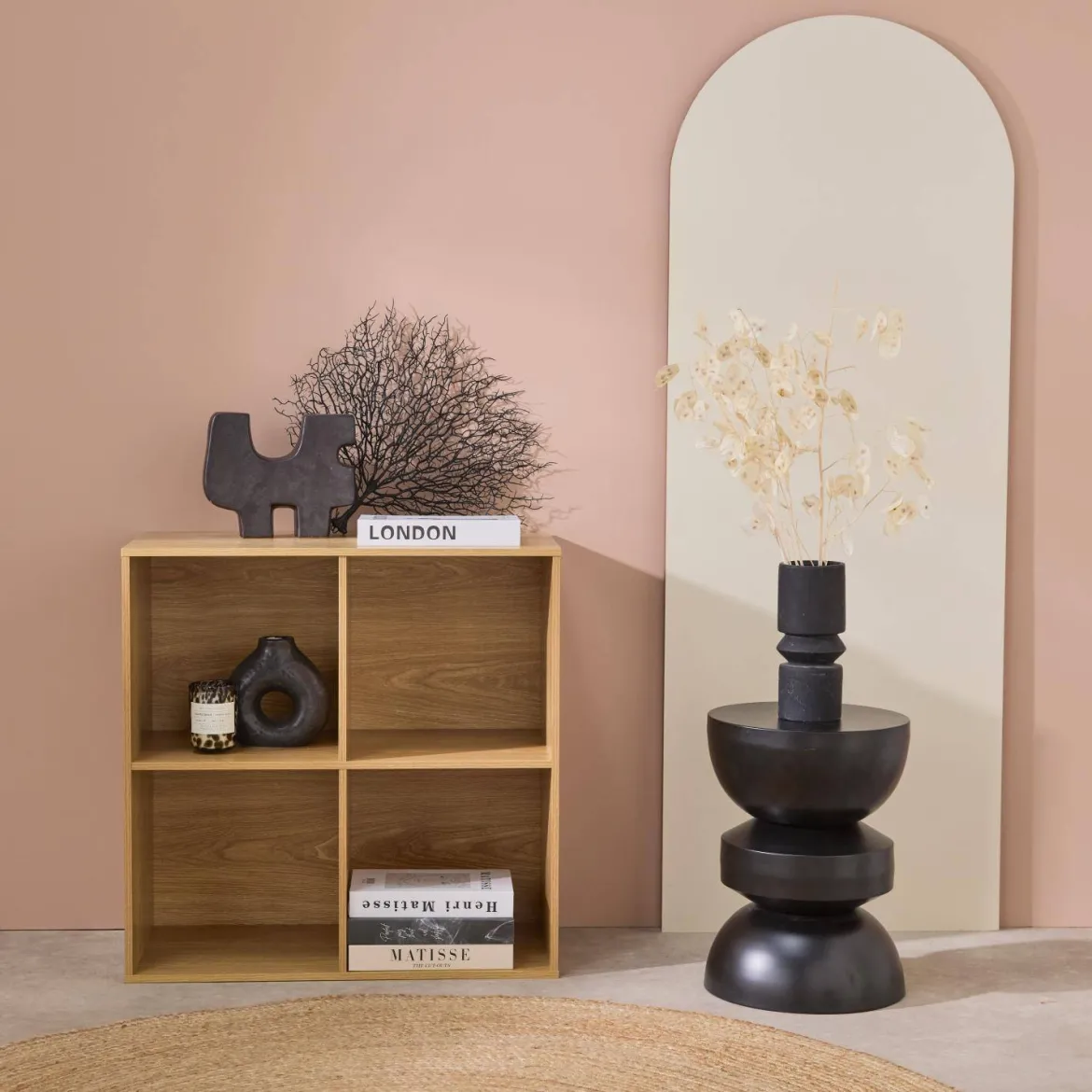 Libreria modulare in legno a 2 ripiani, 4 vani