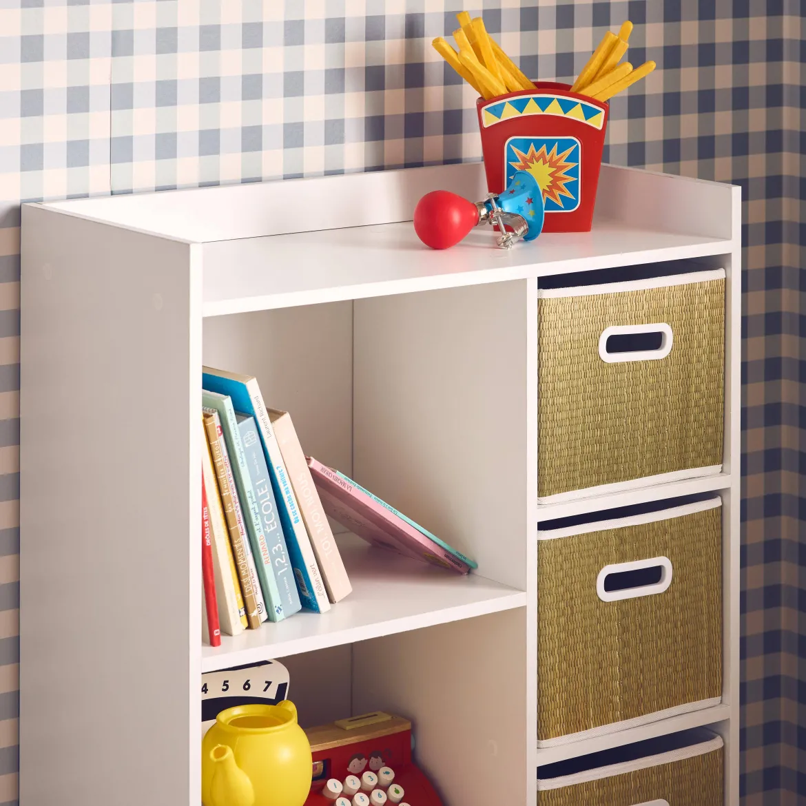 Libreria per bambini con 4 cestini in fibra vegetale