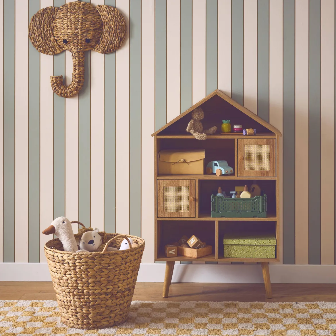 Libreria per bambini effetto legno e canna, 7 scomparti
