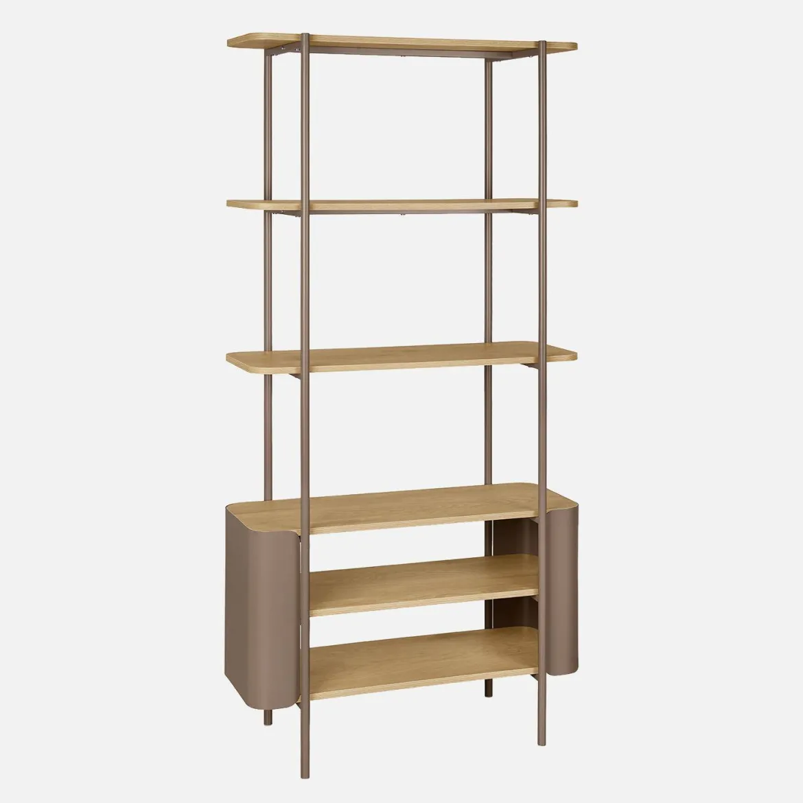Libreria in metallo curvato e legno a 6 livelli