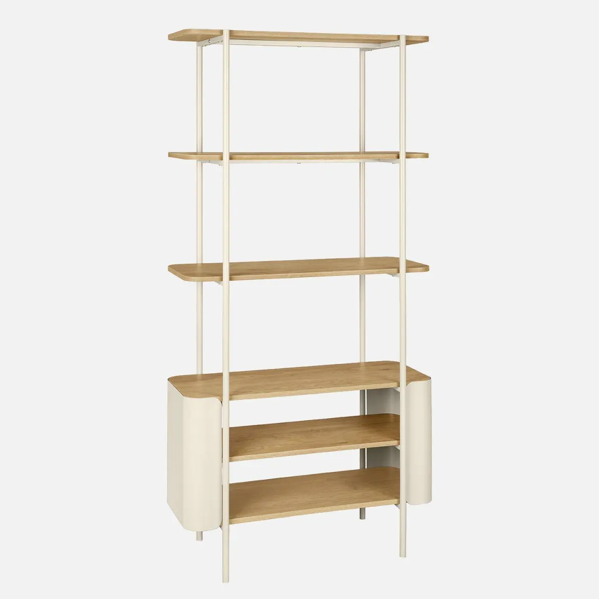 Libreria in metallo curvato e legno a 6 livelli