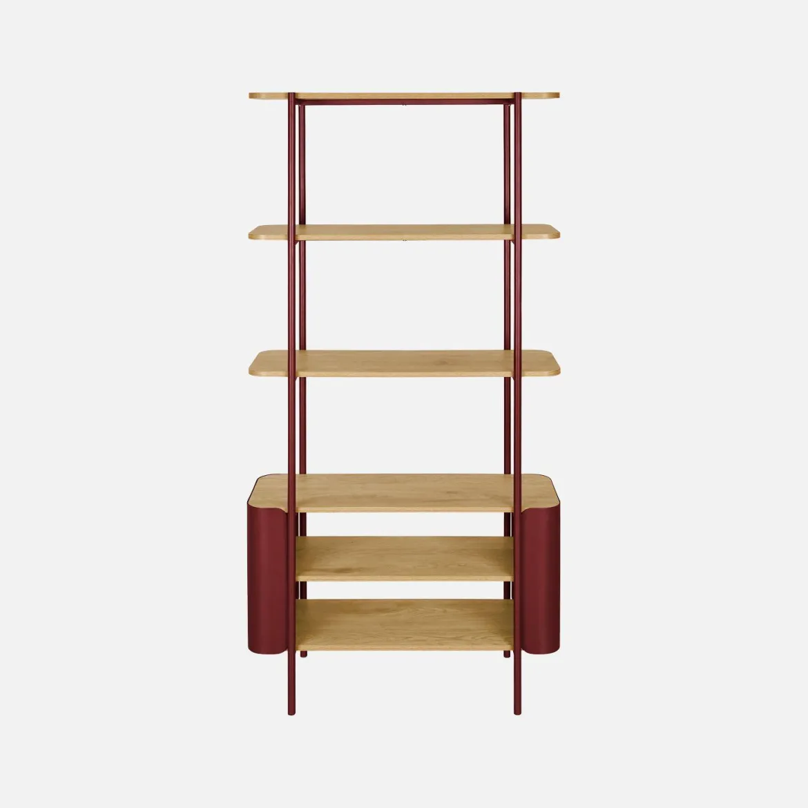 Libreria in metallo curvato e legno a 6 livelli