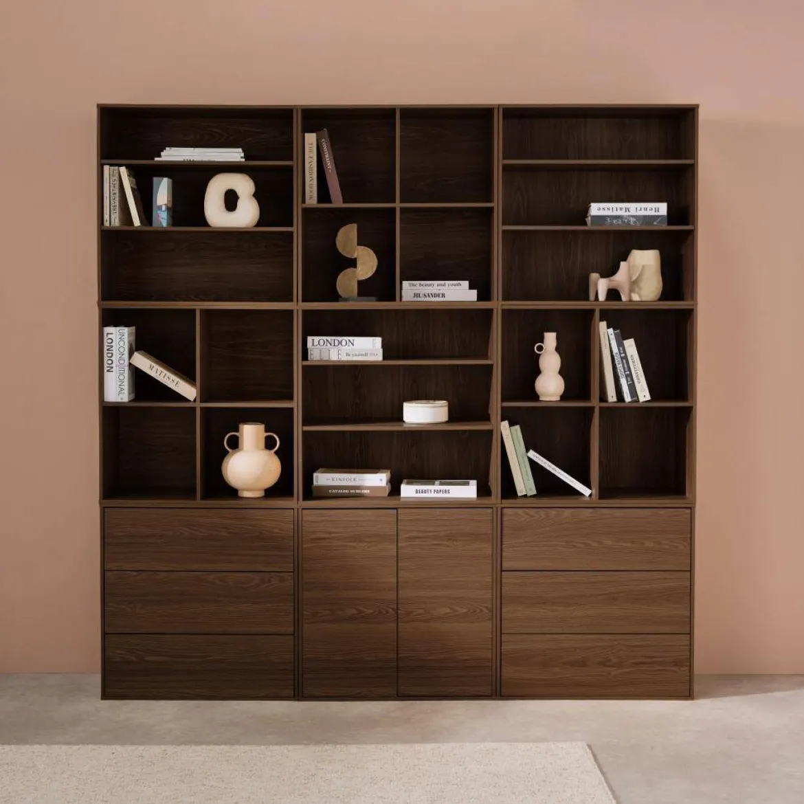 Libreria modulare decorativa in legno con 9 elementi