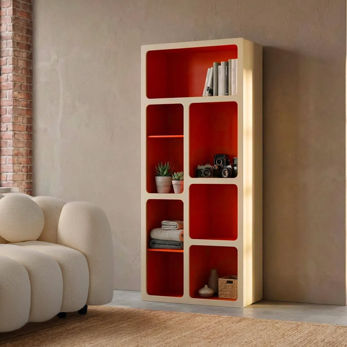 Libreria organica in legno bicolore con 8 scomparti