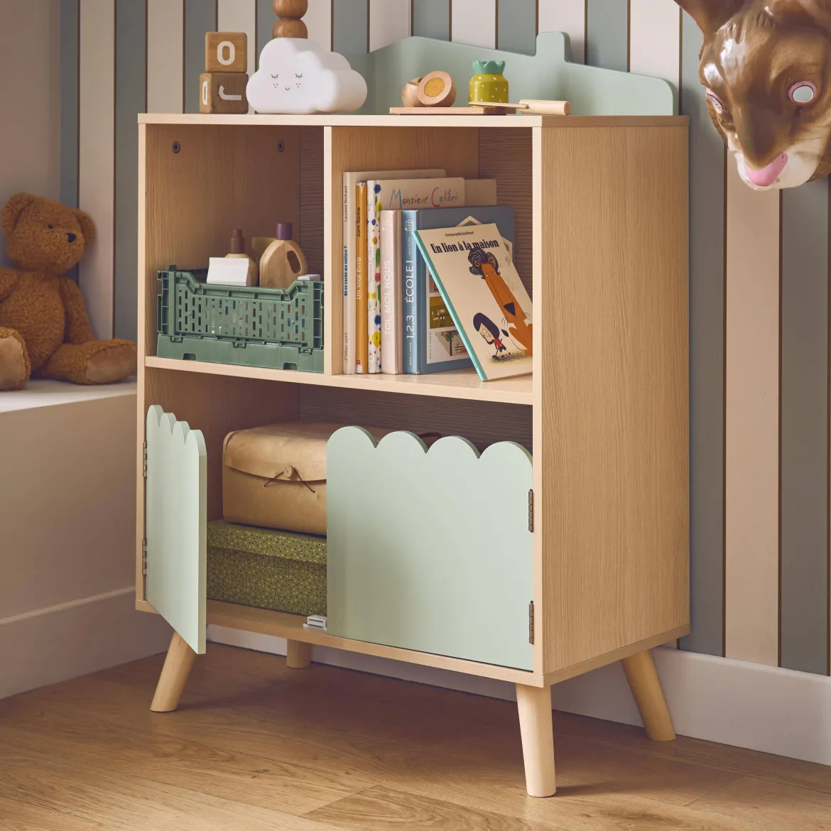 Libreria per bambini a 2 ripiani e 2 ante