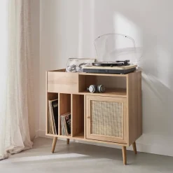 Mobile per vinili con decorazioni in canna e legno