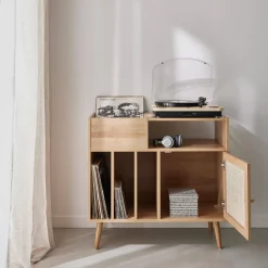 Mobile per vinili con decorazioni in canna e legno