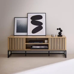 Mobile TV a 2 ante in legno scanalato e metallo nero, 120cm