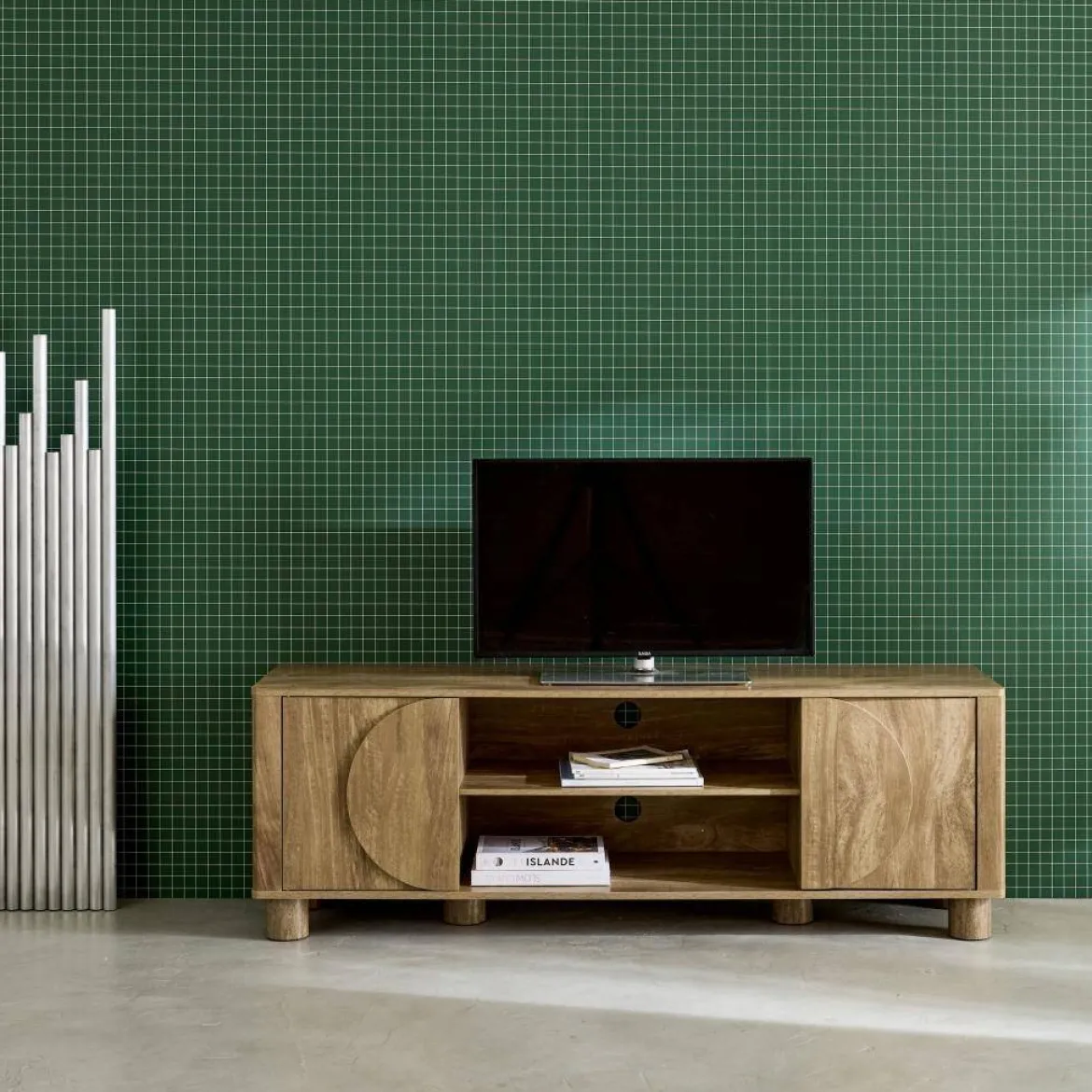 Mobile TV esotico effetto legno di mango 2 ante reversibili, 155cm