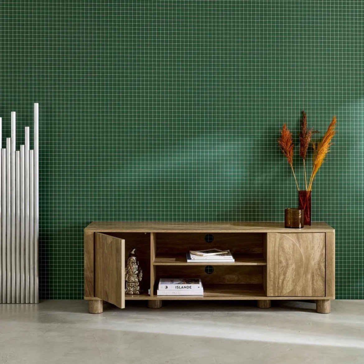 Mobile TV esotico effetto legno di mango 2 ante reversibili, 155cm