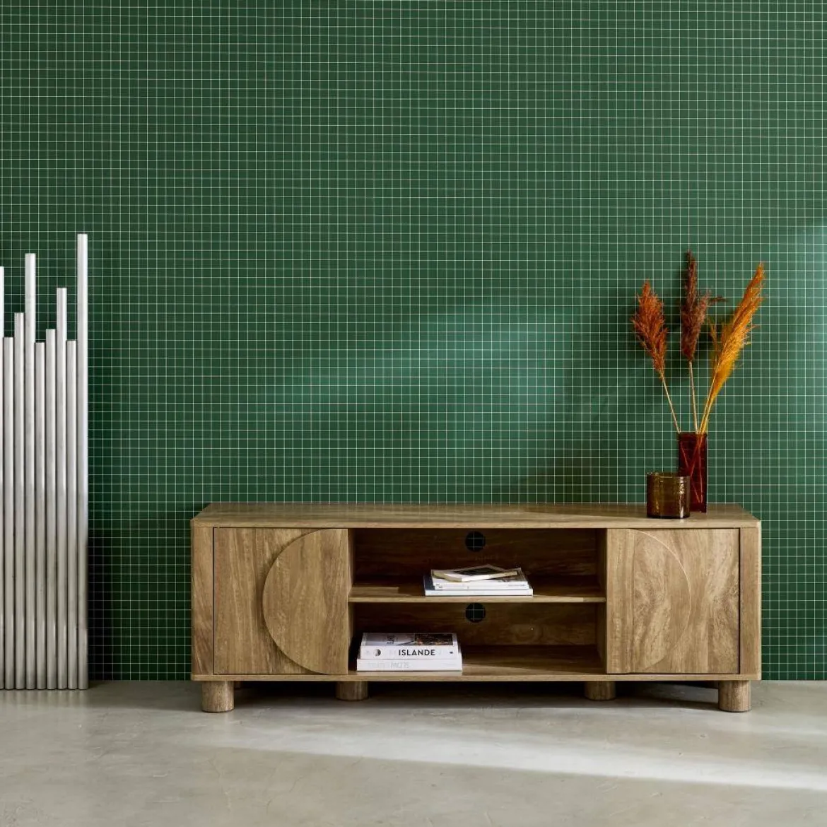 Mobile TV esotico effetto legno di mango 2 ante reversibili, 155cm