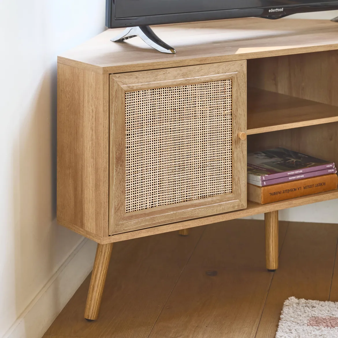 Mobile TV in legno e canna, 2 ante, 1 ripiano, 115cm