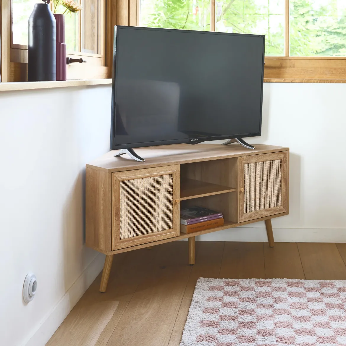 Mobile TV in legno e canna, 2 ante, 1 ripiano, 115cm