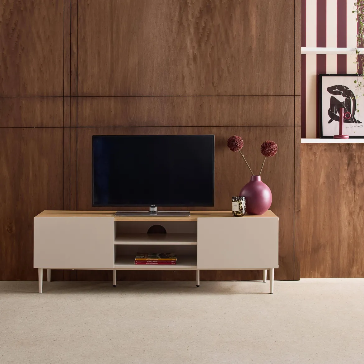 Mobile TV in metallo e decorazione in legno 2 ante, 140cm