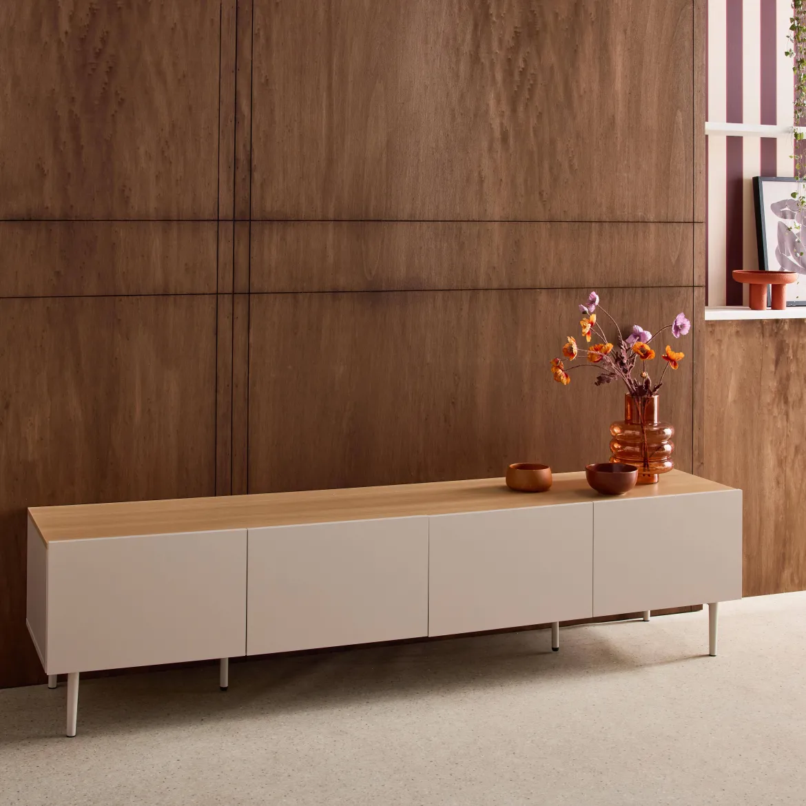 Mobile TV in metallo e decorazione in legno 4 ante, 180cm