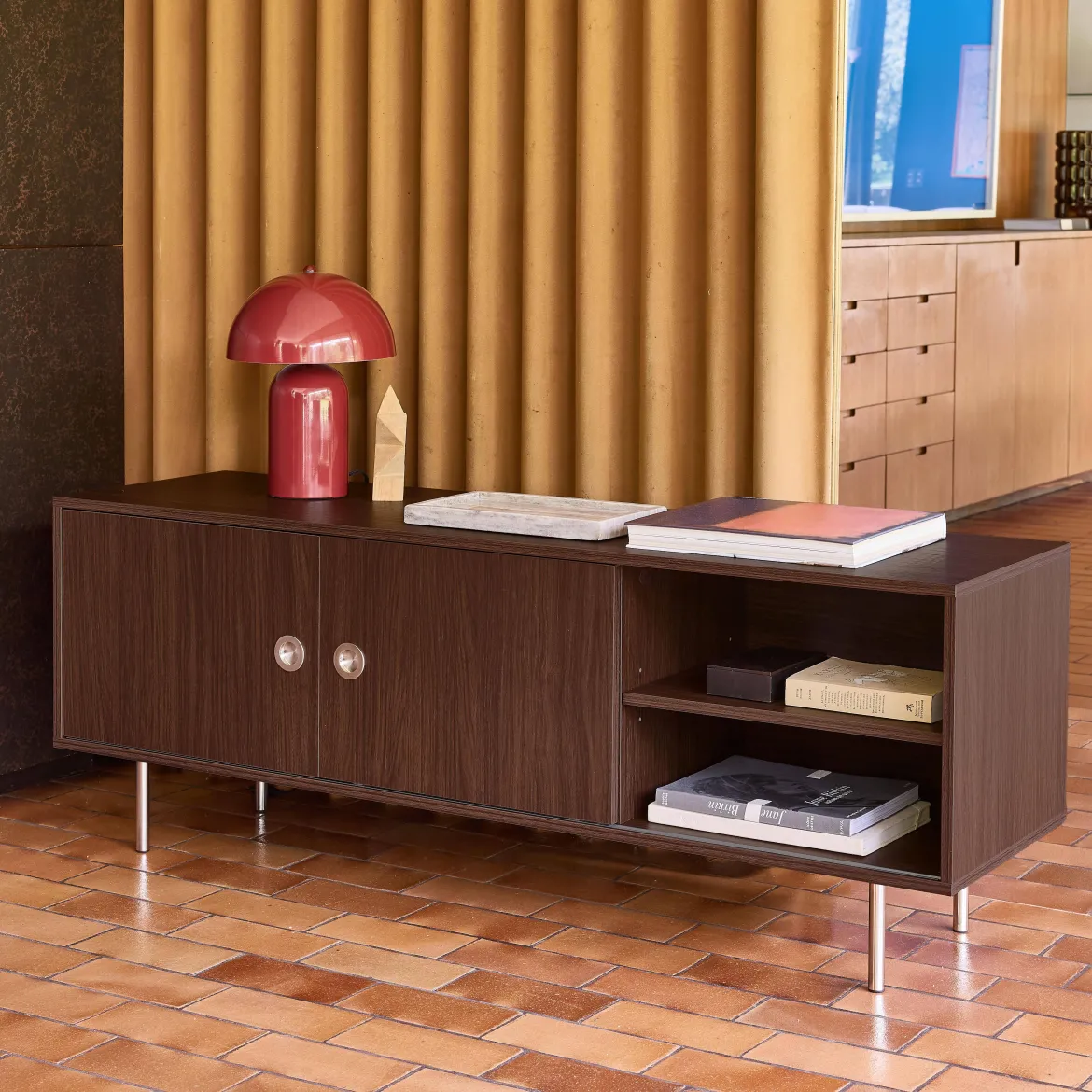 Mobile TV vintage in legno e acciaio inossidabile a 2 ante, 140cm