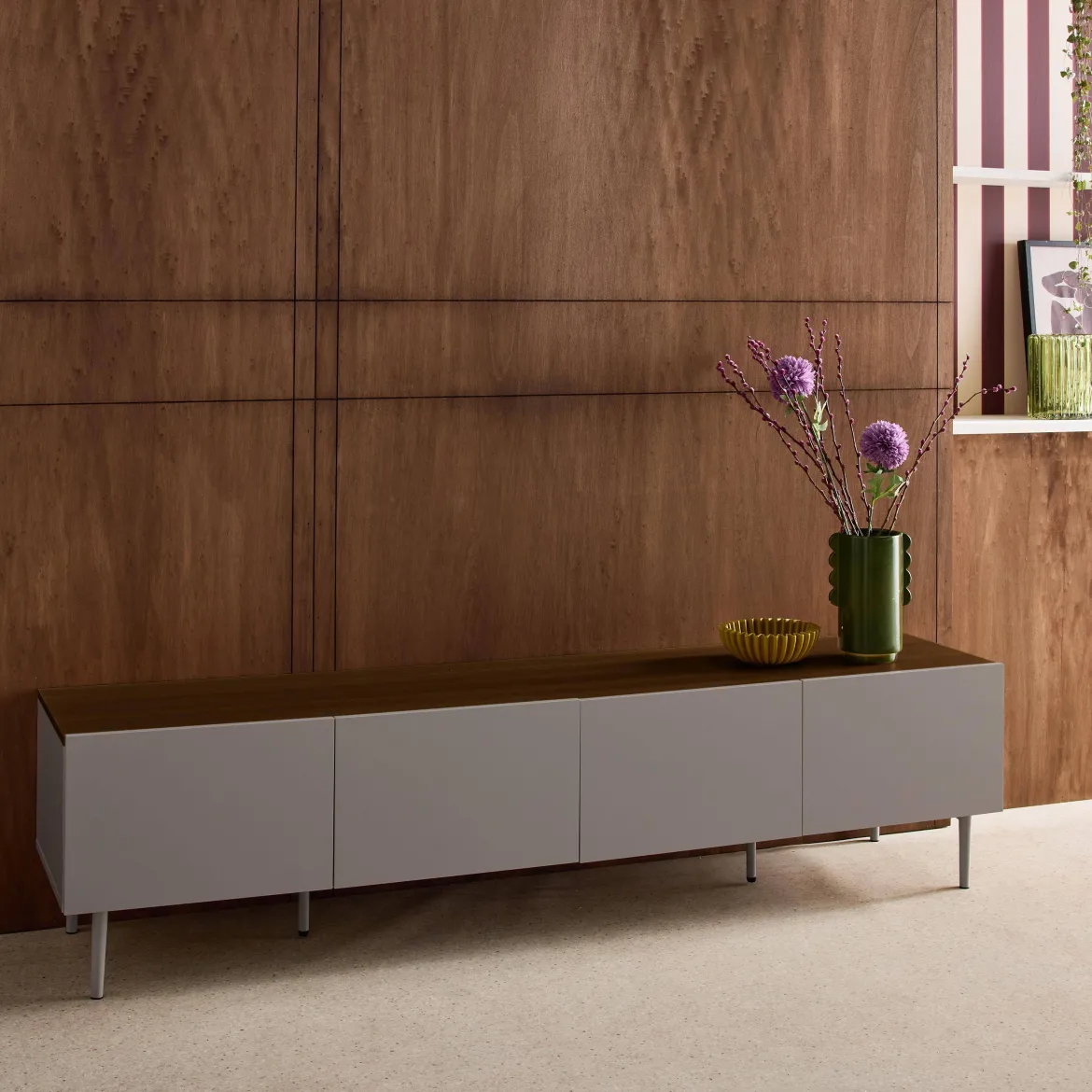 Mobile TV in metallo e decorazione in legno 4 ante, 180cm