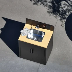 Modulo cucina da esterno in acciaio e decorazione in legno 1 lavello 2 ante 1 gancio, 80cm