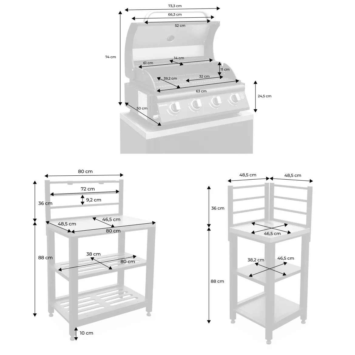 Modulo cucina da esterno con barbecue a gas 4 bruciatori, 5 moduli