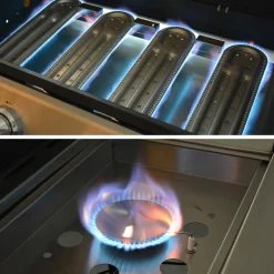 Modulo cucina da esterno con barbecue a 4 bruciatori, fuoco laterale, lavello e porta utensili