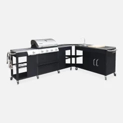 Modulo cucina da esterno con barbecue a 4 bruciatori, fuoco laterale, lavello e porta utensili