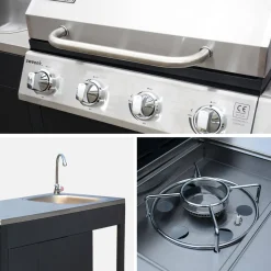 Modulo cucina da esterno con barbecue a 4 bruciatori, fuoco laterale, lavello e porta utensili