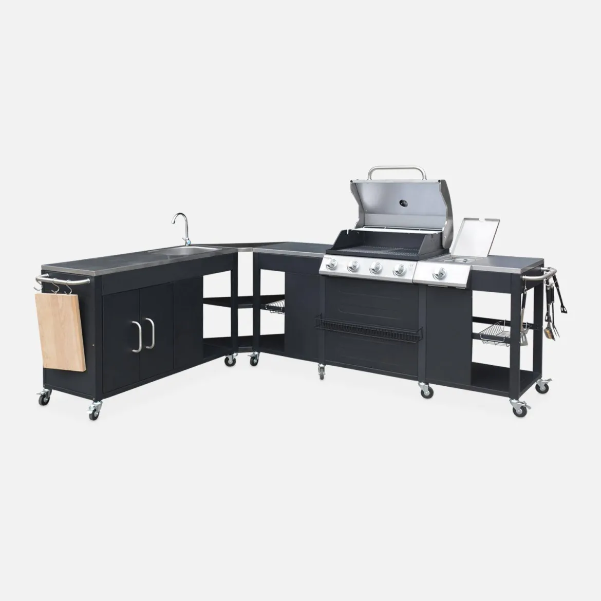 Modulo cucina da esterno con barbecue a 4 bruciatori, fuoco laterale, lavello e porta utensili