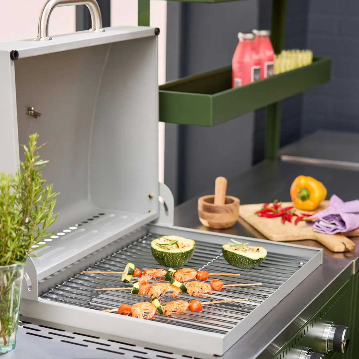Modulo cucina da esterno con barbecue a gas a 3 bruciatori, 5 moduli