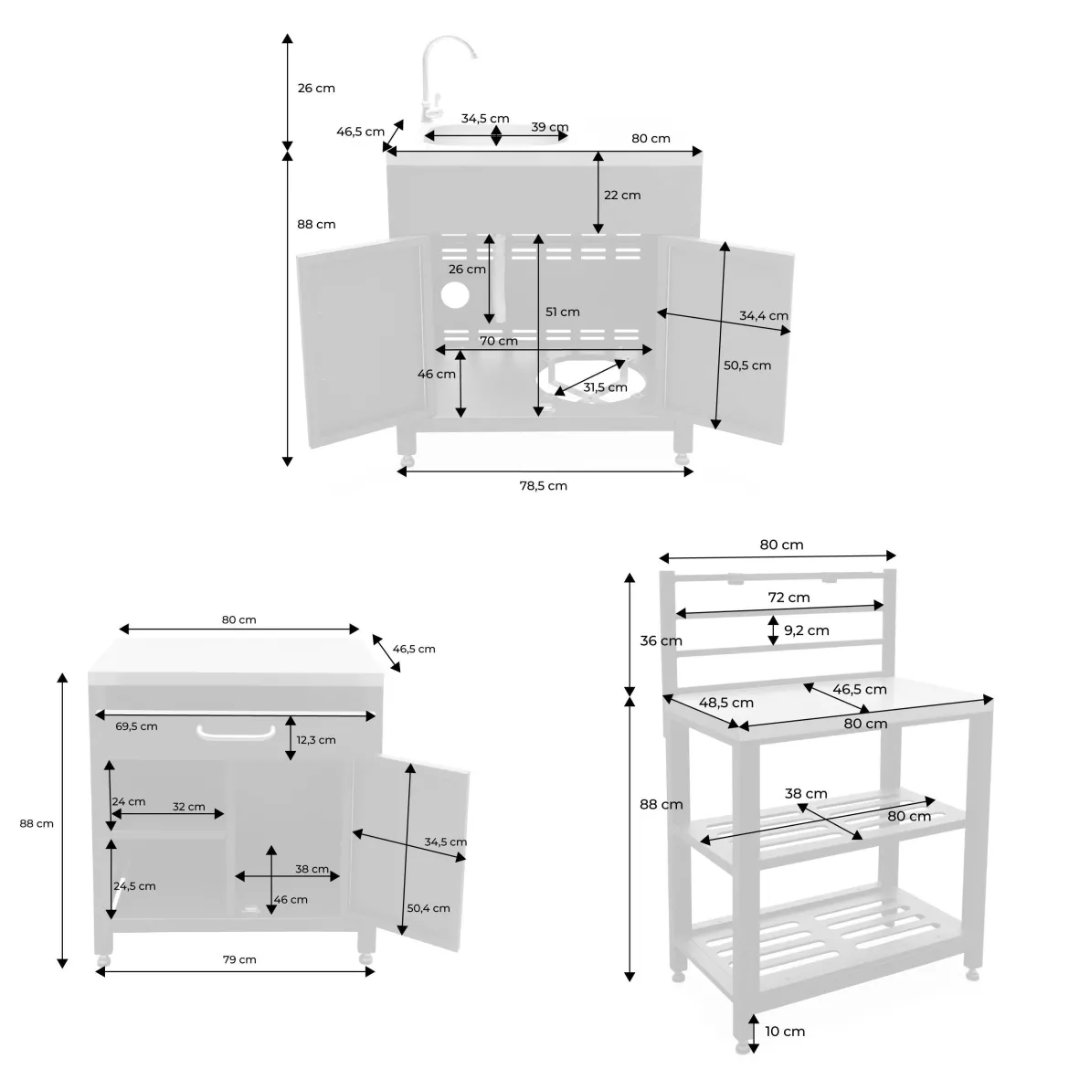 Modulo cucina da esterno in acciaio inox, 6 moduli