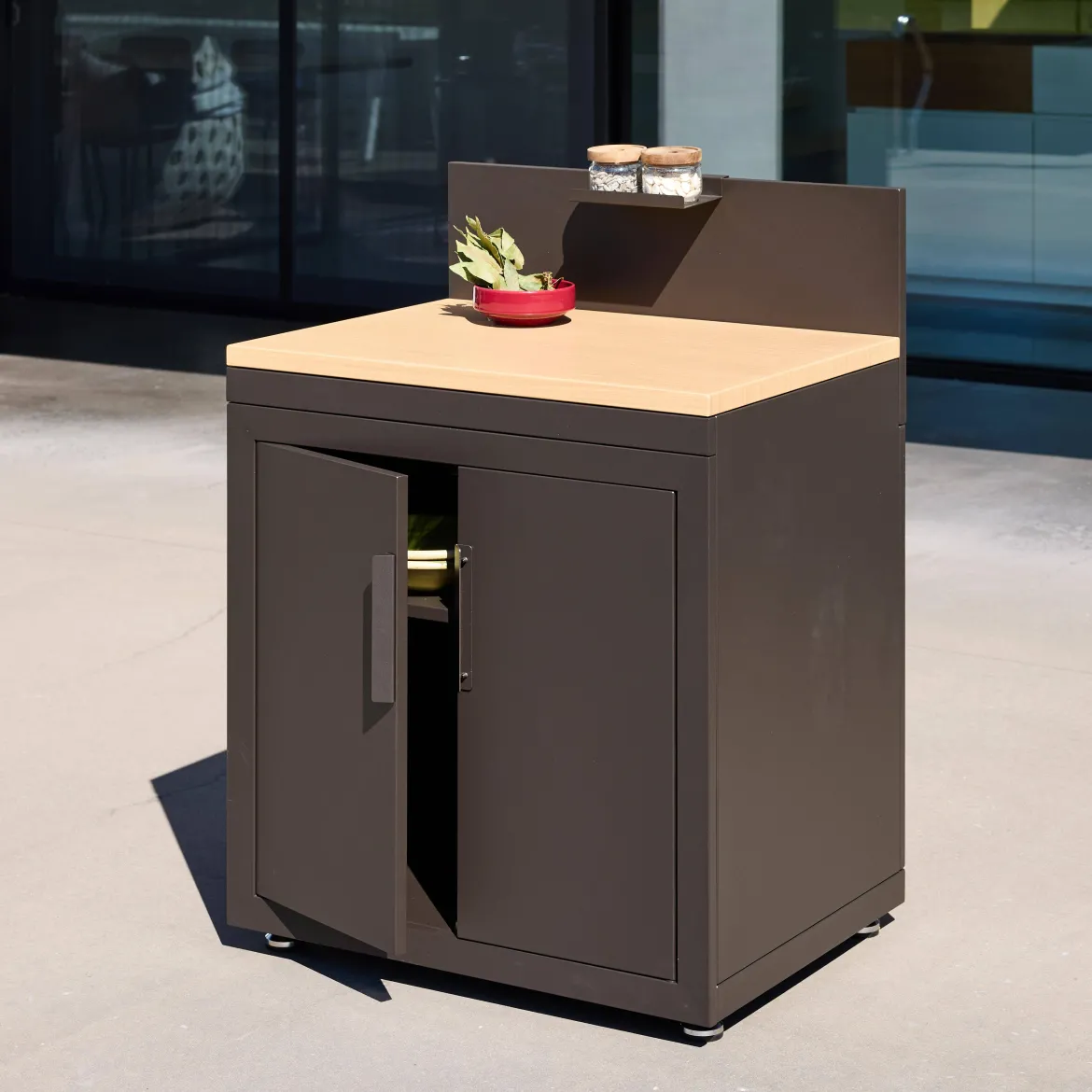 Modulo cucina da esterno in acciaio con dettagli in legno a 2 ante e 1 gancio, 80cm