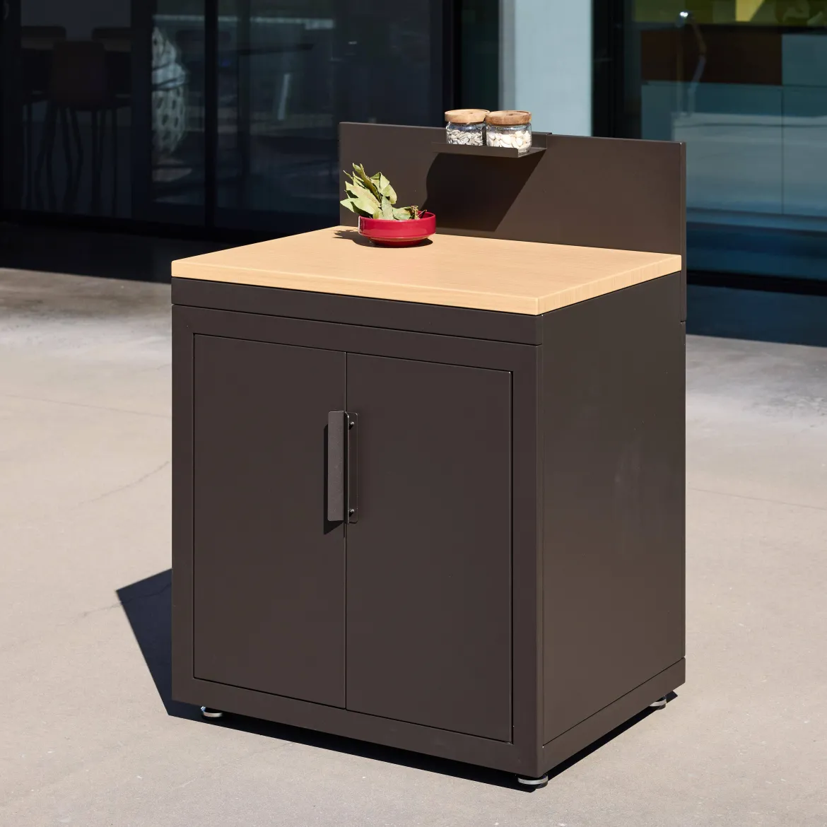 Modulo cucina da esterno in acciaio con dettagli in legno a 2 ante e 1 gancio, 80cm