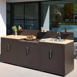 Modulo cucina da esterno acciaio e decorazione in legno, 3 moduli