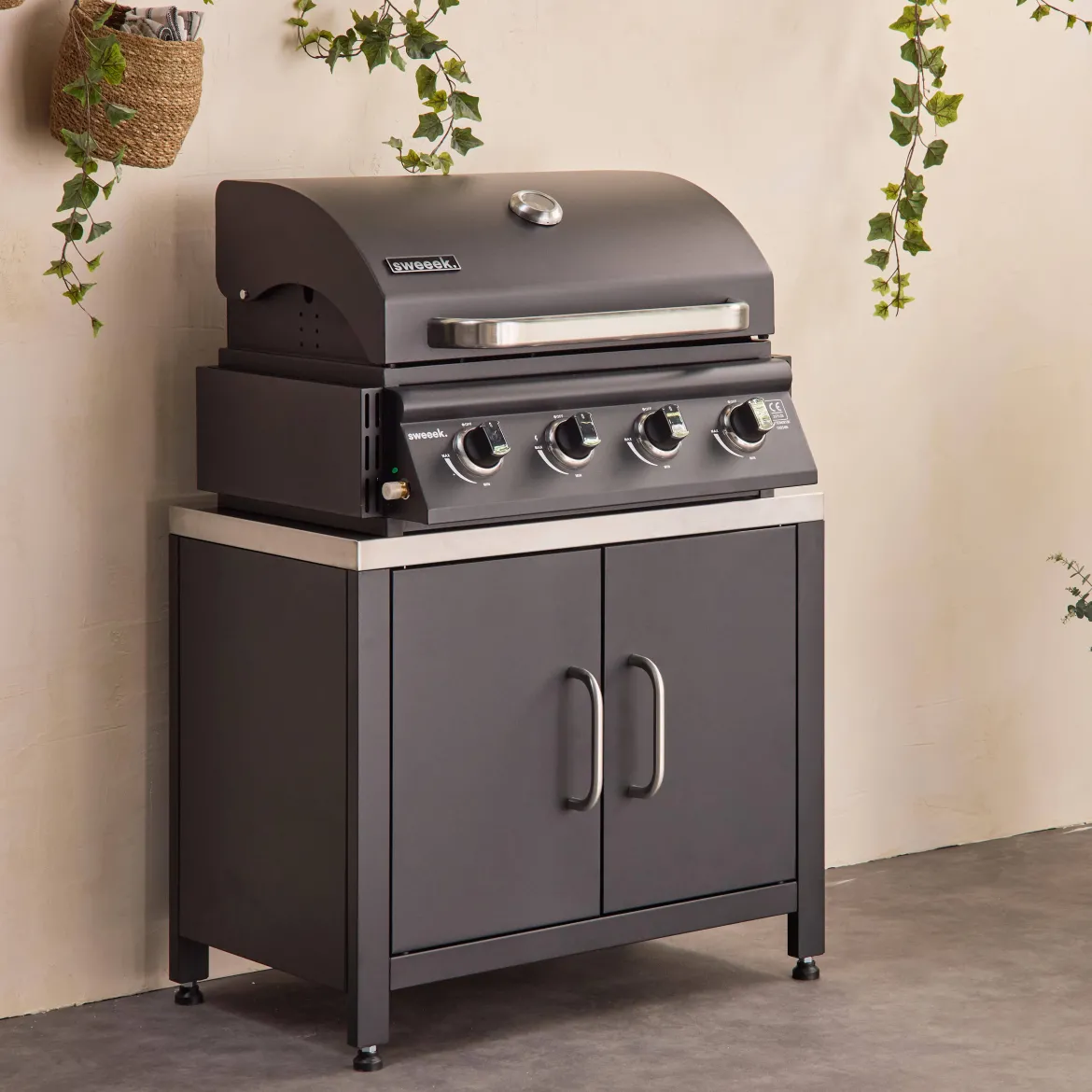 Modulo cucina da esterno in acciaio con barbecue a gas a 4 bruciatori, 80cm
